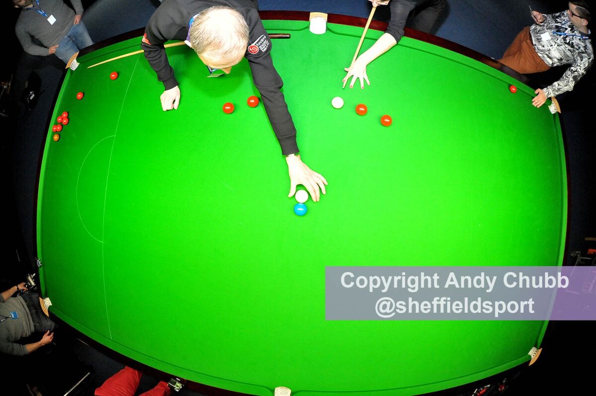 Fish-eye shot of the practice table with Eurosport journalists, Crucible Theatre, Sheffield, April 2016