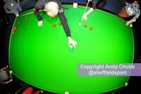 Fish-eye shot of the practice table with Eurosport journalists, Crucible Theatre, Sheffield, April 2016